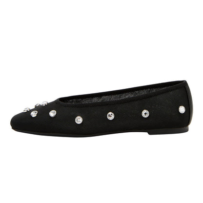 Mesh Rhinestone Studs Square Toe Black Ballet Flats for Women