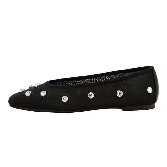 Mesh Rhinestone Studs Square Toe Black Ballet Flats for Women