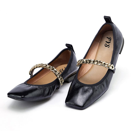 voyabags Square Toe Chain Strap Casual Black Flat Shoes Women