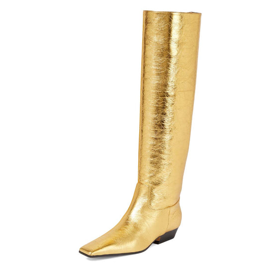 Gold Metallic Low Heel Knee High Boots for Women with Square Toe