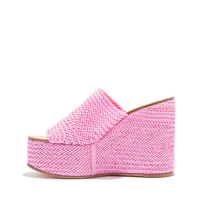 FSJ Pink Open Toe Woven Wedge Platform Mules Sandals