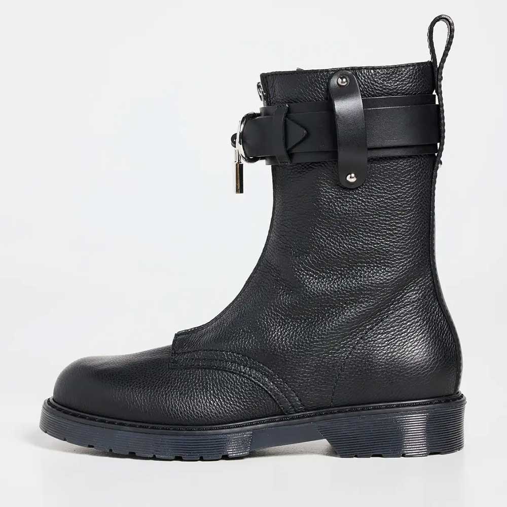 Black Round Toe Low Heel Front-Zip Ankle Boots with Buckle Straps