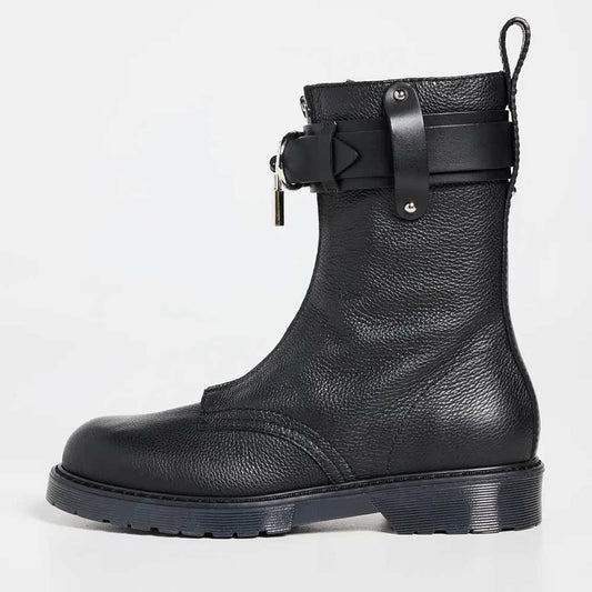 Black Round Toe Low Heel Front-Zip Ankle Boots with Buckle Straps