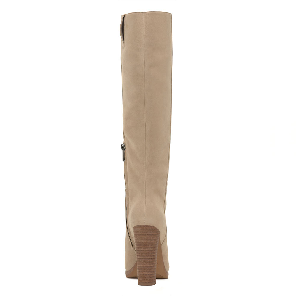 FSJ Nude Round Toe Vegan Suede Knee High Boots with Block Heel