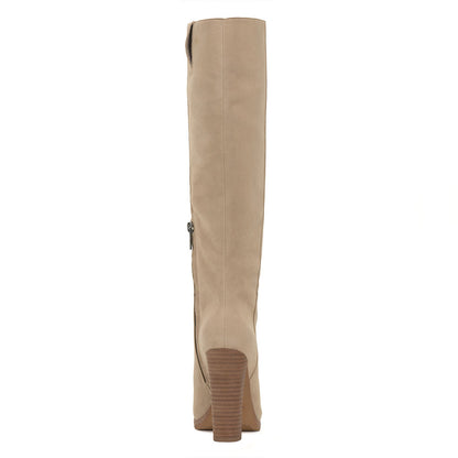 FSJ Nude Round Toe Vegan Suede Knee High Boots with Block Heel