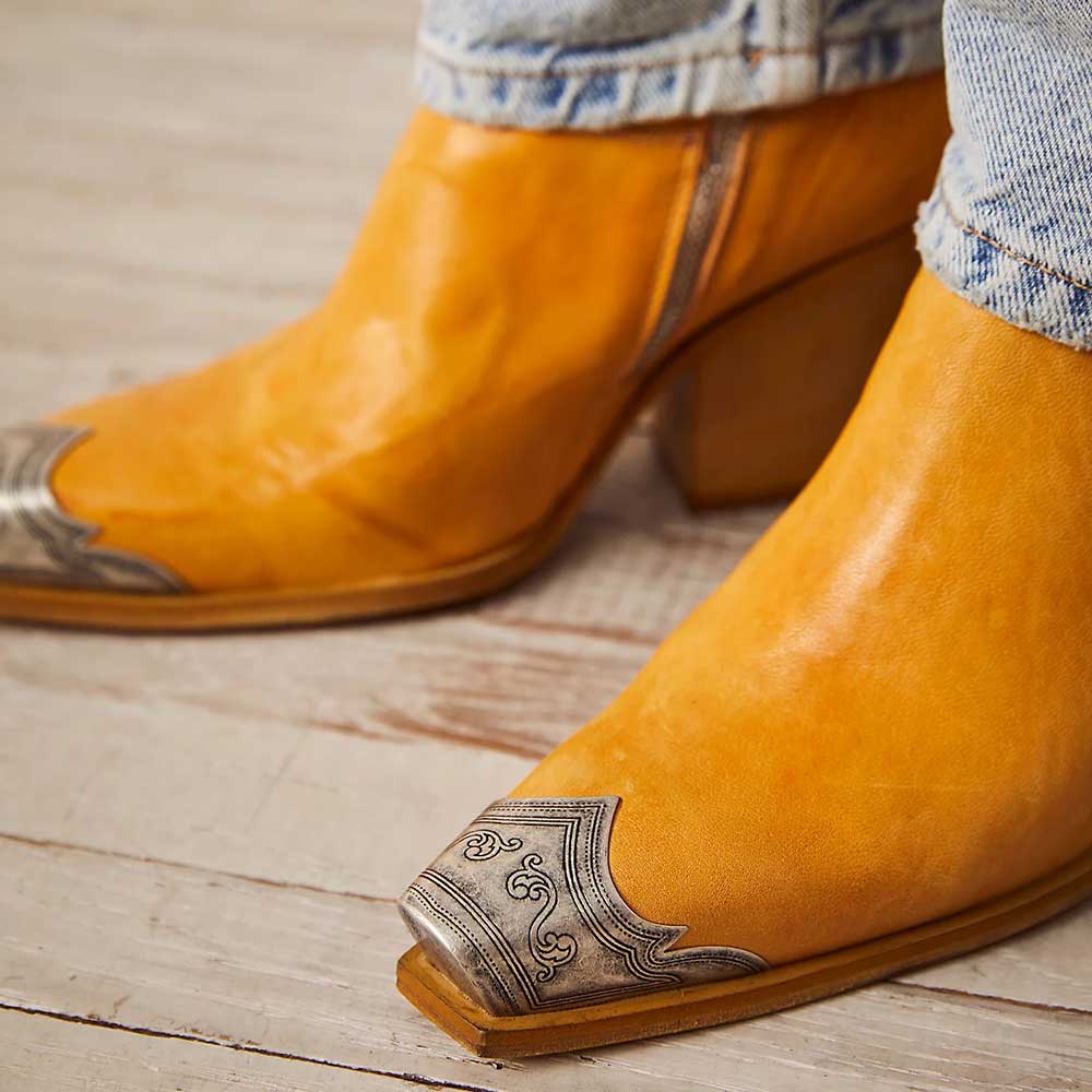 Yellow Square Toe Chunky Heel Metallic Accent Ankle Boots with Zipper