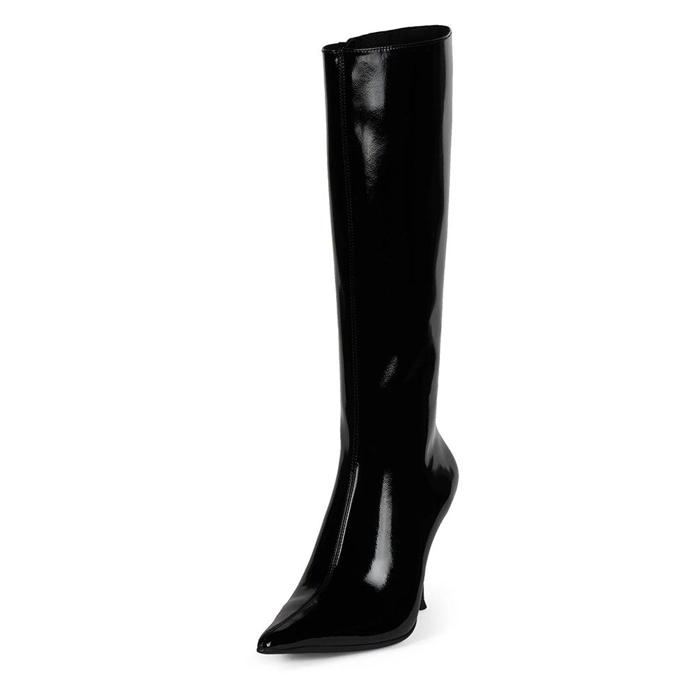 Black Patent Leather Stiletto Heel Pull-On Mid Calf Boots for Women