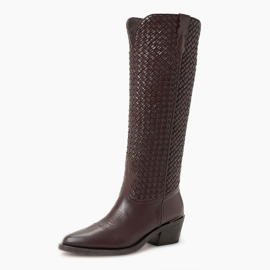 Brown Pointed Toe Embroidered Woven Mid-Calf Cowboy Boots for Women