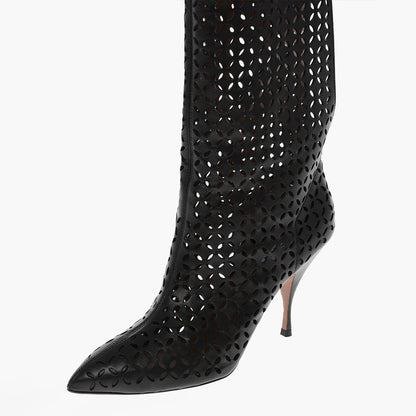 Black Spool Heel Cut-Out Pointed Toe Back Opening Mid Calf Boots