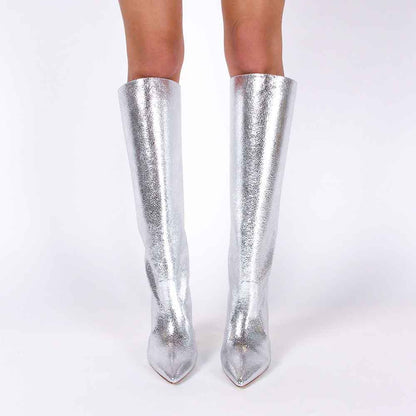 Silver Metallic Pointy Toe Stiletto Heel Wide Calf Knee High Boots