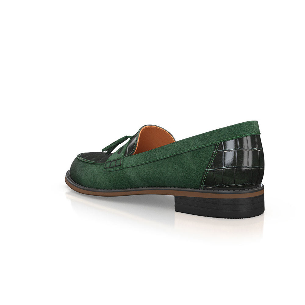 Women's Green & Black Embossed Splicing Penny Loafers with Fringe