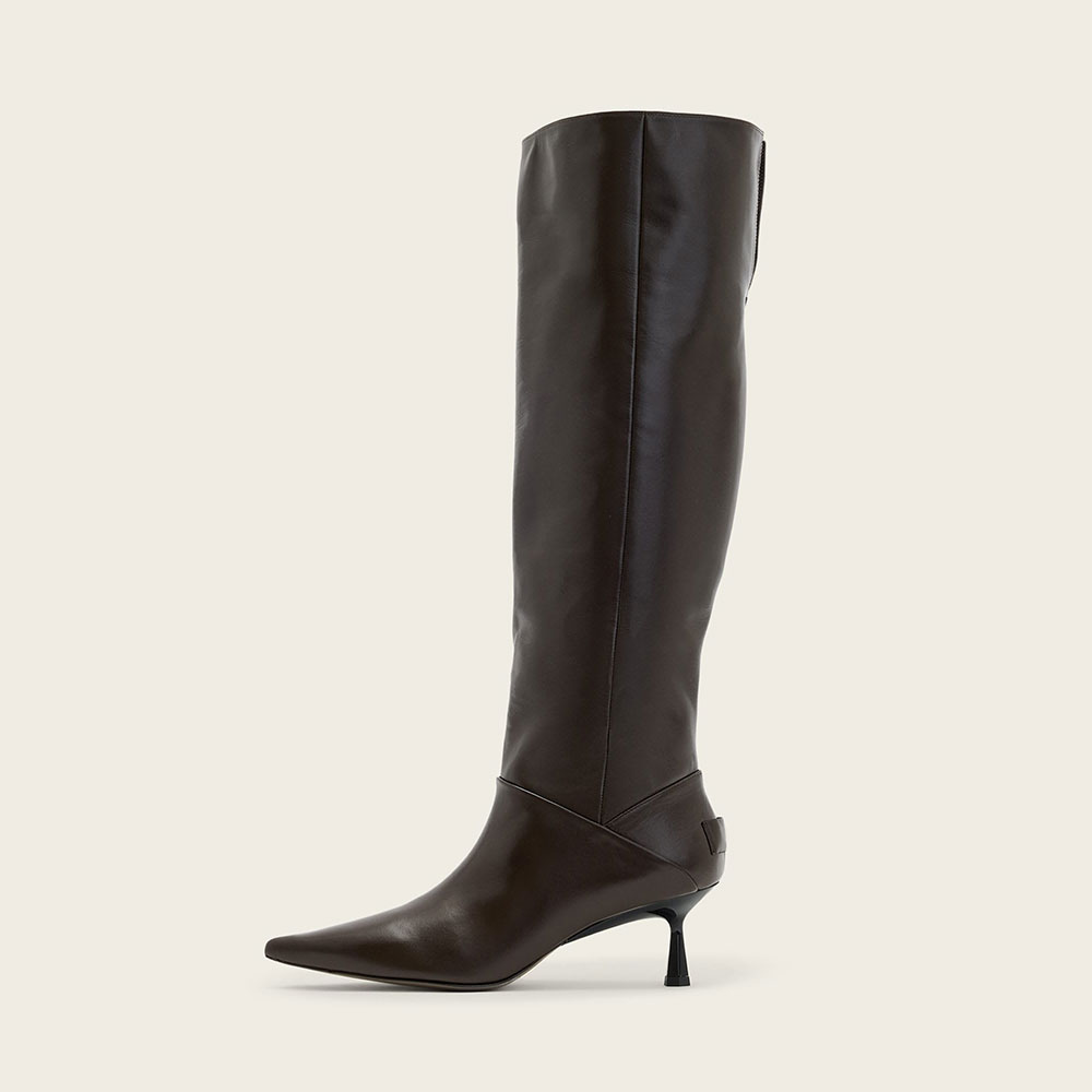 Dark Brown Pointed Toe Flared Heel Foldable Knee High Boots