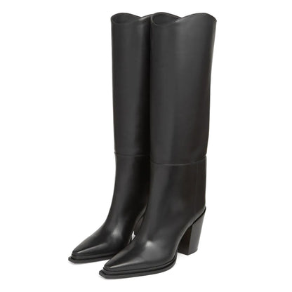 Simple Black Pointed Toe Pull-On Block Heel Knee High Boots