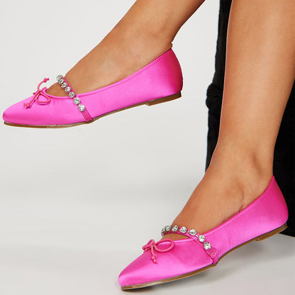 Hot Pink Satin Round Toe Rhinestone Ballet Flats with A Strap