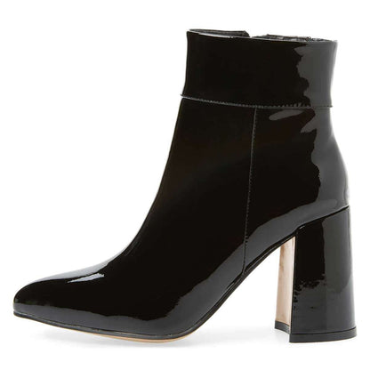 Black Patent Leather Chunky Heel Women's Ankle Boots