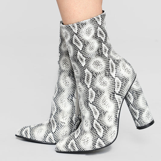 Women's Snakeskin Ankle Boots Pointed Toe Cylinder Heel Booties