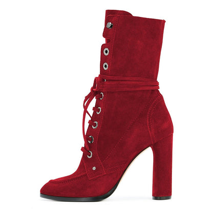 Red Vegan Suede Lace Up Round Toe Chunky Heel Mid Calf Boots