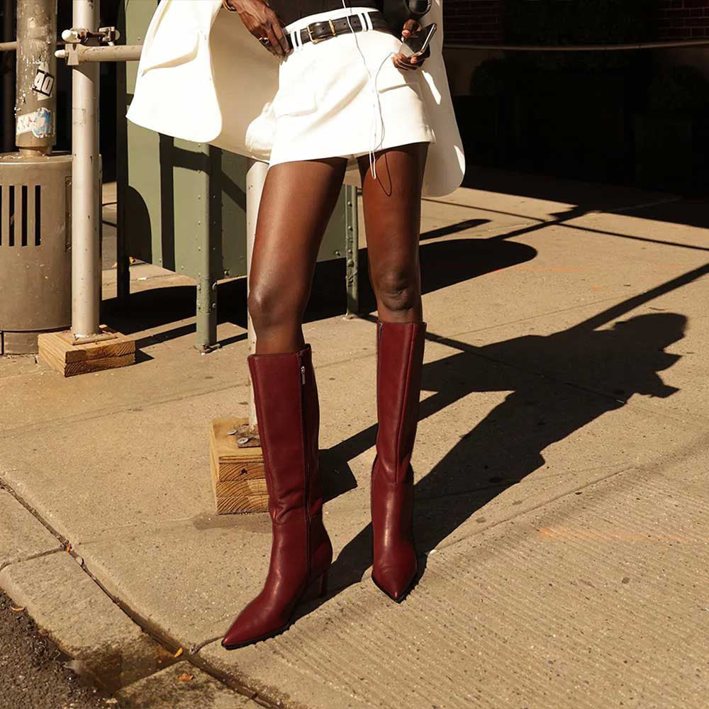 Maroon Vegan Leather Pointed Toe Kitten Heel Zipper Knee High Boots