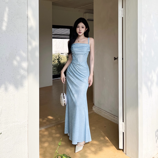 Vintage Shiny Light Blue Spaghetti Strap Mermaid Long Summer Dresses Prom Dress Evening Dress TP4359