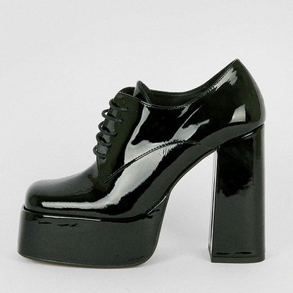 Black Patent Leather Closed Square Toe Lace Up Platform Loafers With Chunky Heels