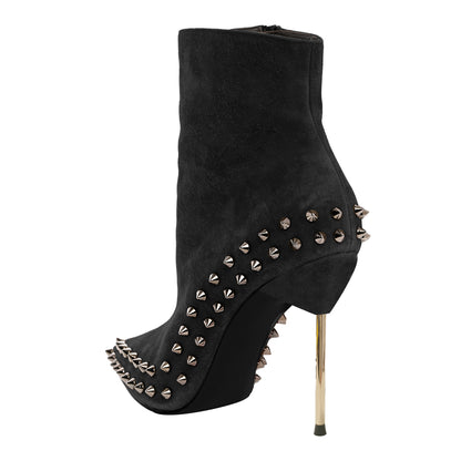 Black Vegan Suede Pointy Toe Women's Heeled Ankle Boots with Rivets