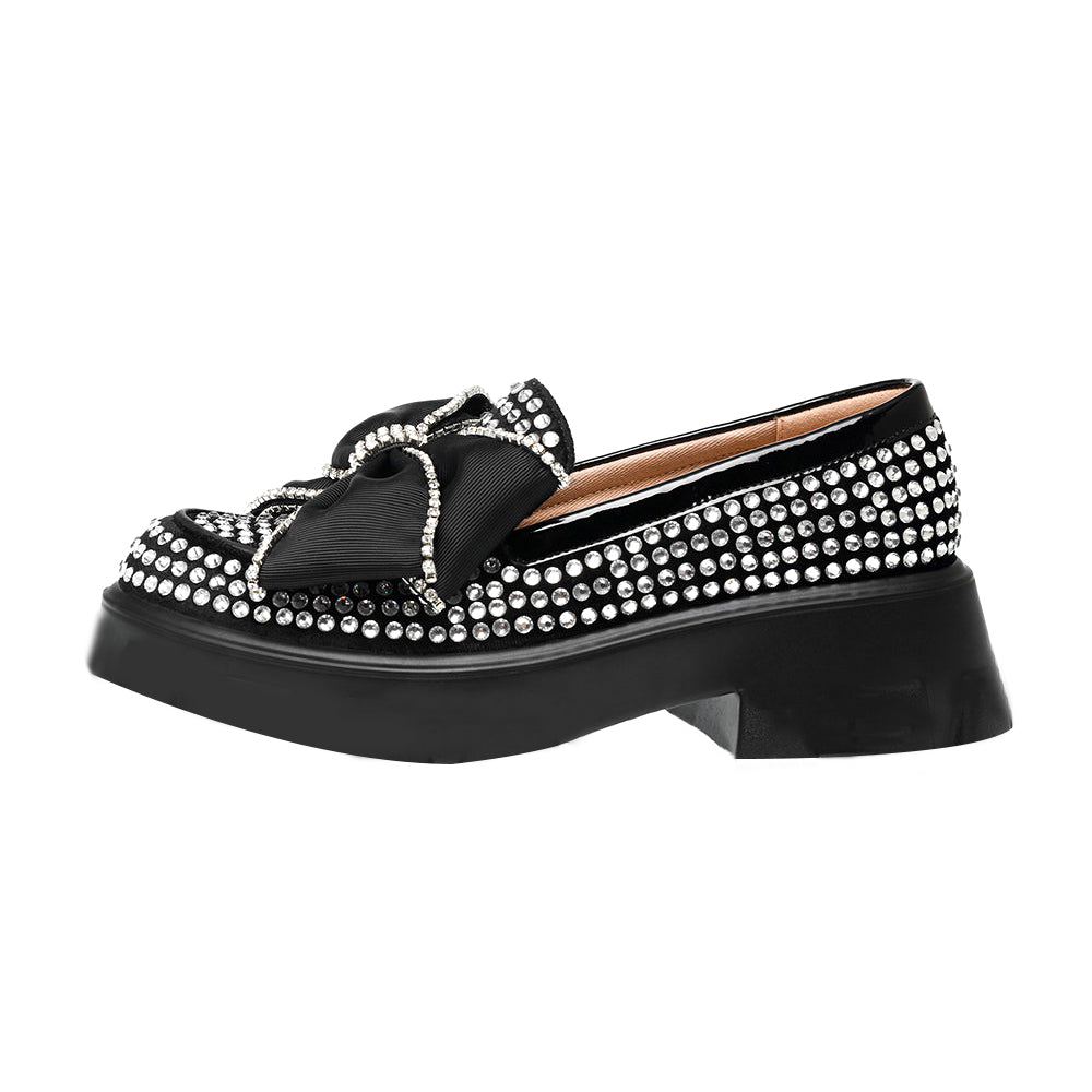 Trendy Black Round Toe Bow Accent Chunky Loafers with Rhinestone