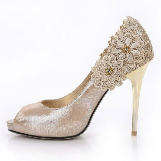 Champagne Wedding Shoes Heels Peep Toe Lace Flower Platform Pumps
