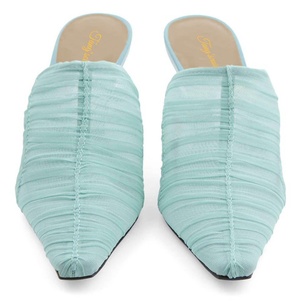 Women's Pale Turquoise Tulle Pointed Toe Casual Stiletto Heeled Mules