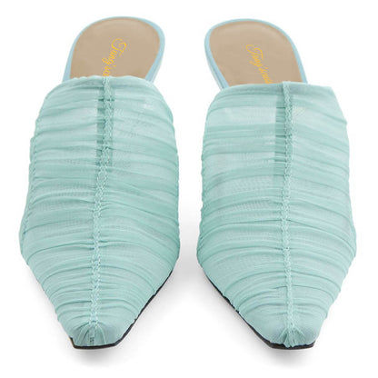 Women's Pale Turquoise Tulle Pointed Toe Casual Stiletto Heeled Mules