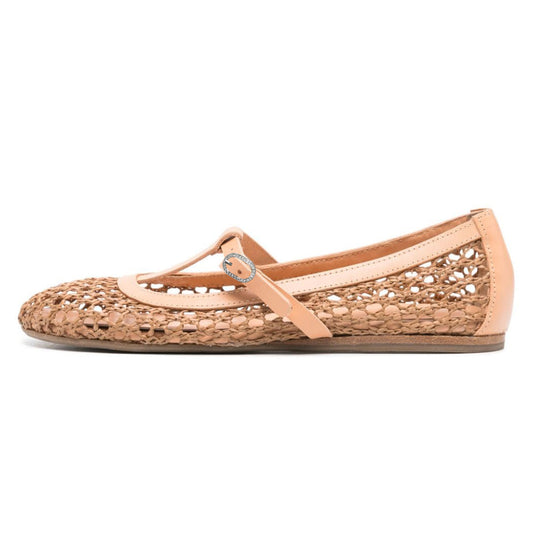 Nude Raffia Woven Cut-Out T-Strap Ballet Flats with Rhinestone Buckle