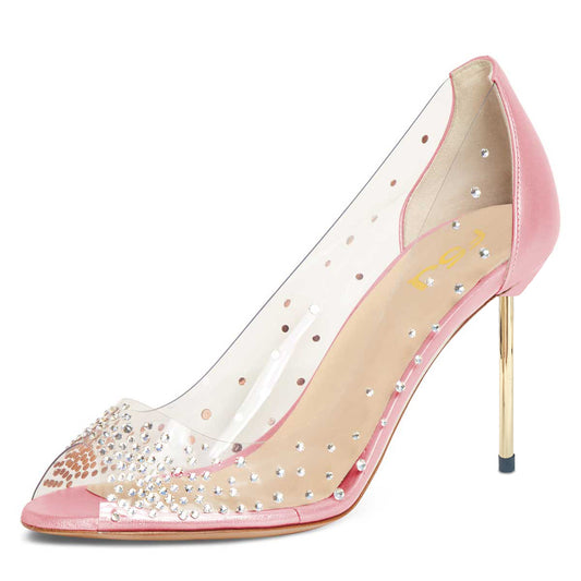 Women's Clear Heels Peep Toe Rhinestone Pumps Shoes in Pink