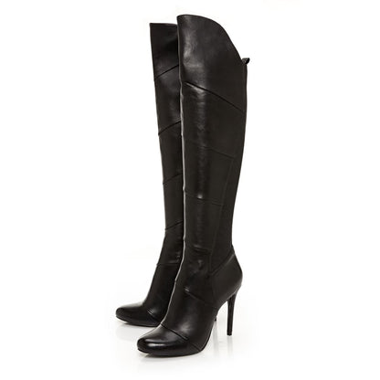 Black Closed Toe Stiletto Heel Stretch Knee High Boots for Women