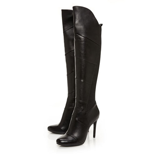 Black Closed Toe Stiletto Heel Stretch Knee High Boots for Women