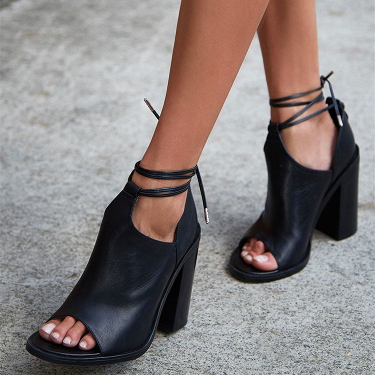 Black Cut Out Open Toe Chunky Heel Strappy Ankle Boots