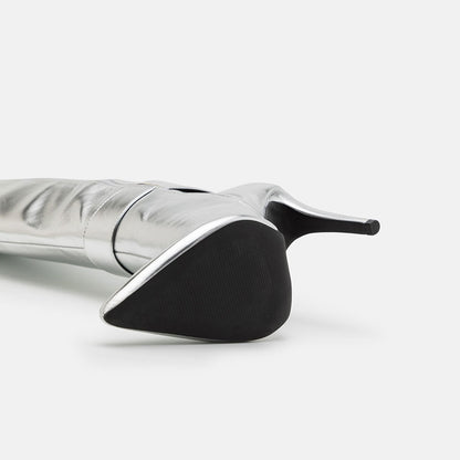 Silver Stiletto Heel Zipper Pointed Toe Buckle Strap Mid Calf Boots