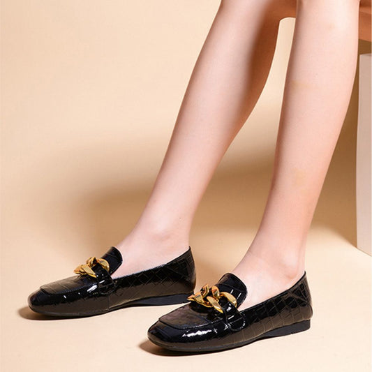 Black Patent Leather Embossed Flats Chain Decor Loafer Shoes Women