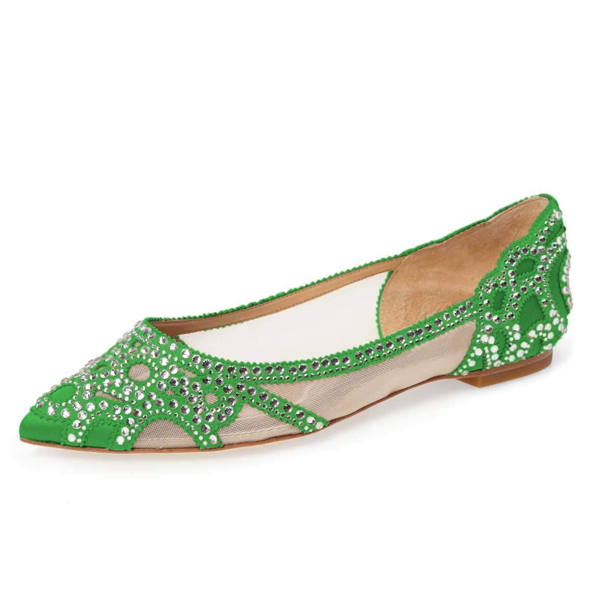 Elegant Mesh Slip-on Low Heels Pointed Toe Rhinestone Ballet Flats
