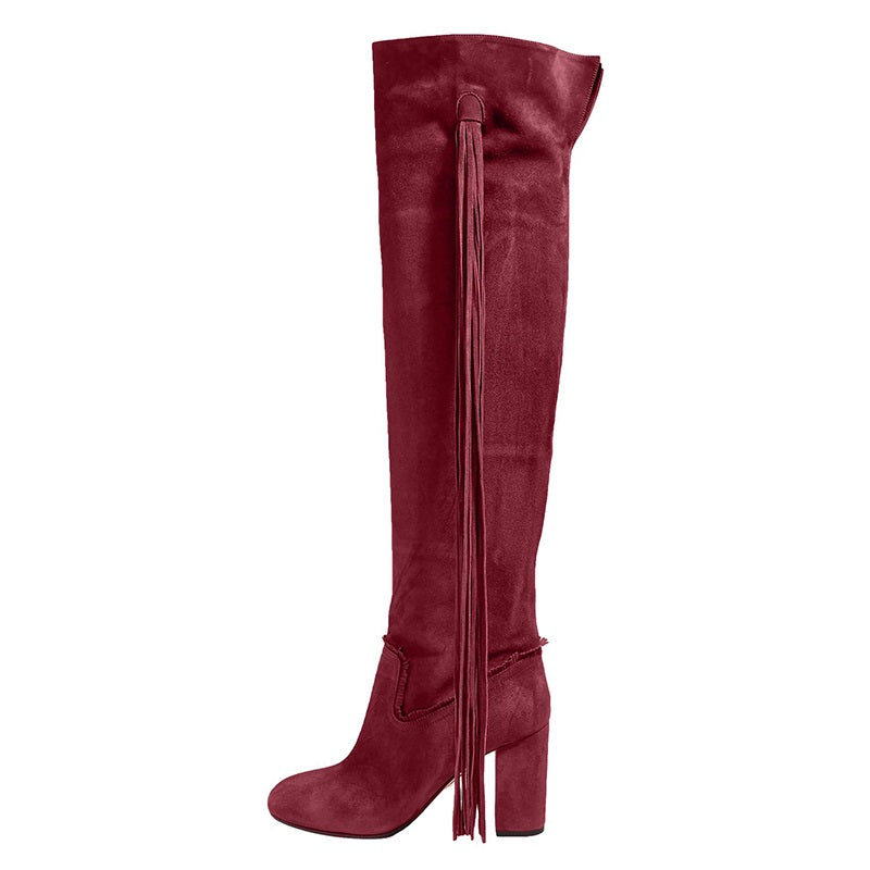 Maroon Fringe Vegan Suede Chunky Heel Round Toe Knee High Boots