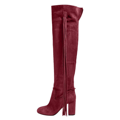 Maroon Fringe Vegan Suede Chunky Heel Round Toe Knee High Boots