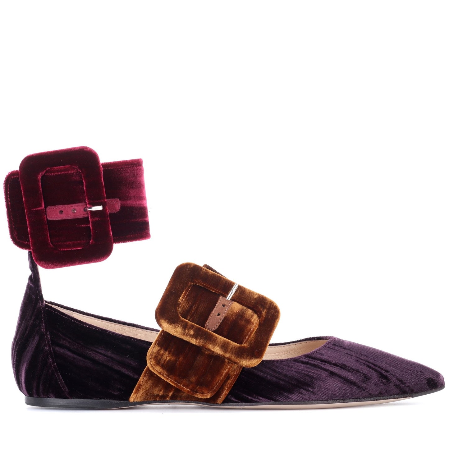 Purple Velvet Mary Jane Shoes Oversized Buckle Strap Pointy Toe Flats