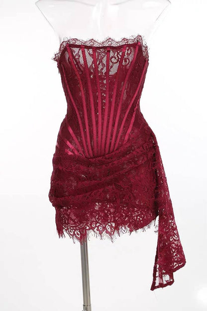 Sexy Burgundy Strapless Lace Sheath Short Cocktail Dress Hoco Dresses