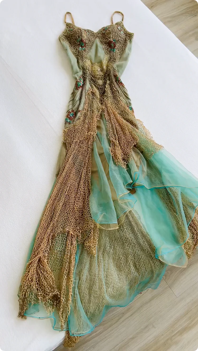 Vintage Green Beaded Chiffon Embroidery Prom Dress A-Line Spaghetti Strap Evening Dress Long Formal Dress TP4688