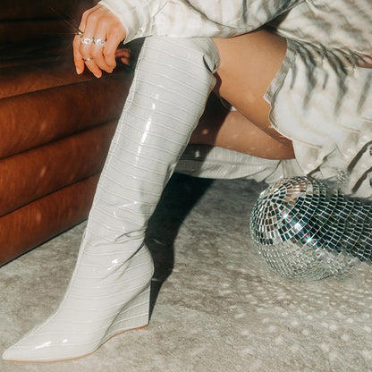 Light Grey Croco Embossed Pointed Toe Knee High Boots with Wedges