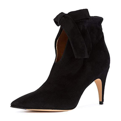 Women's Vegan Suede Pointed Toe Bowknot Cutout Heeled Ankle Boots