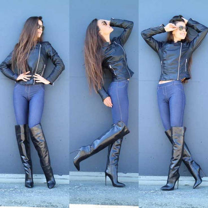 Black Pointed Toe Stiletto Heel Back Zip Up Knee High Boots for Women