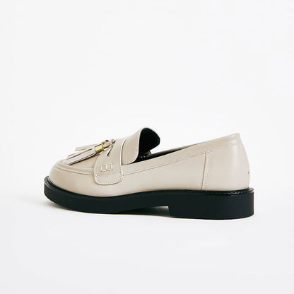 Beige Tassel Penny Loafers Round Toe Business Casual Shoes for Women