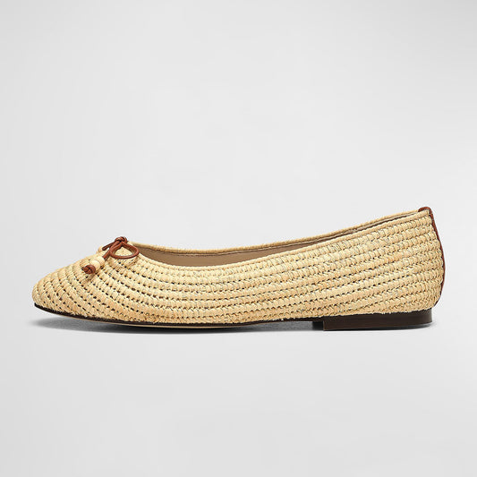 Stylish Beige Woven Raffia Round Toe Ballet Flats with Bow Decor