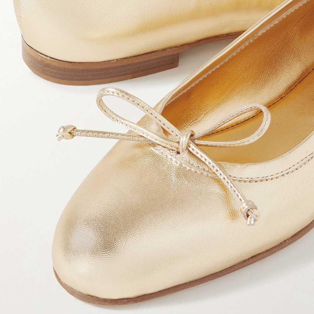 Gold Vegan Leather Round Toe Slip-On Ballet Flats with Bow