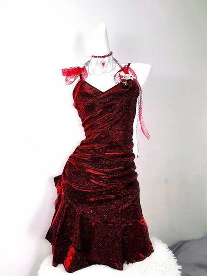 Retro Glitter Burgundy Spaghetti Strap 18th Birthday Party Dress Homecoming Dress TP4041