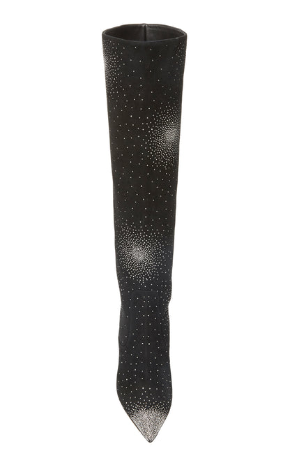Black Vegan Suede Rhinestone Stiletto Heel Knee High Boots